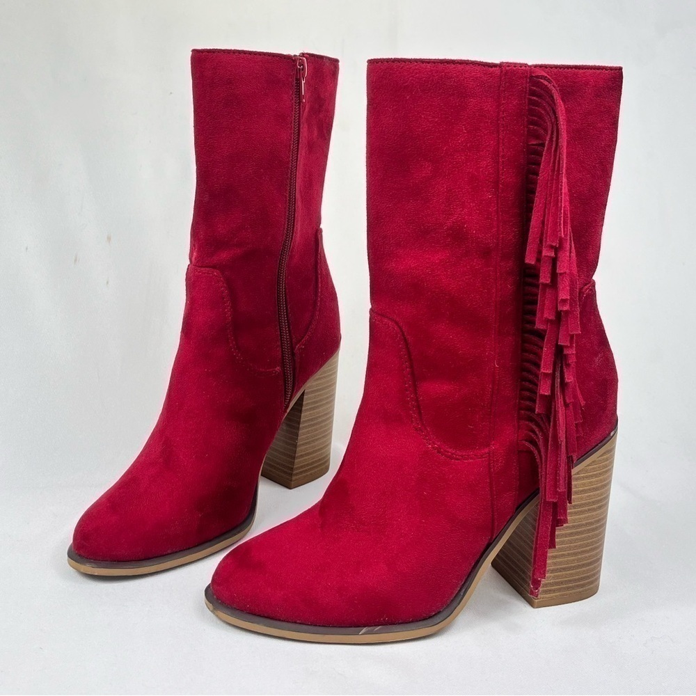 Soda Vibrant Red Fringe Suede Heeled Tall Boots